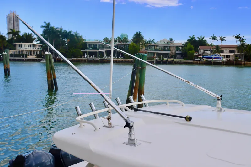  Yacht Photos Pics 2017 Pursuit DC 295 Dual Console boat with fishing rods, docked near waterfront homes.