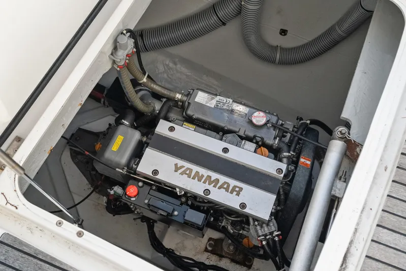 Benedetto Yacht Photos Pics Yanmar engine in 2020 Lagoon 42 catamaran, showcasing detailed mechanical components.