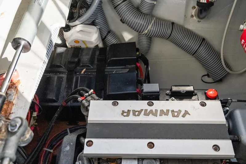 Benedetto Yacht Photos Pics Engine compartment of a 2020 Lagoon 42 catamaran with Yanmar engine components.