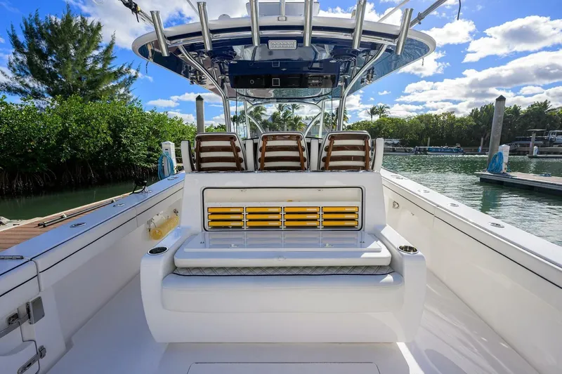 Fishability Yacht Photos Pics 2025 Valhalla Boatworks V-41 interior with seating and water view.