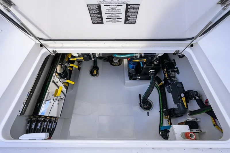 Fishability Yacht Photos Pics 2025 Valhalla Boatworks V-41 engine compartment with detailed mechanical components.
