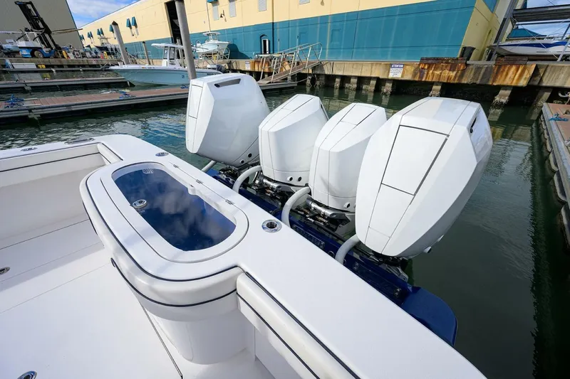 Fishability Yacht Photos Pics 2025 Valhalla Boatworks V-41 with four powerful outboard engines docked at a marina.
