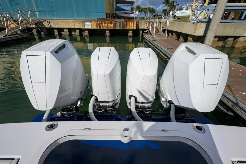 Fishability Yacht Photos Pics Four powerful outboard engines on a 2025 Valhalla Boatworks V-41 at the dock.