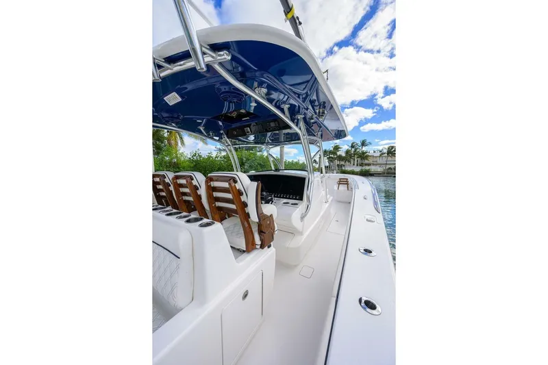 Fishability Yacht Photos Pics 2025 Valhalla Boatworks V-41 interior with sleek seating and modern helm design.