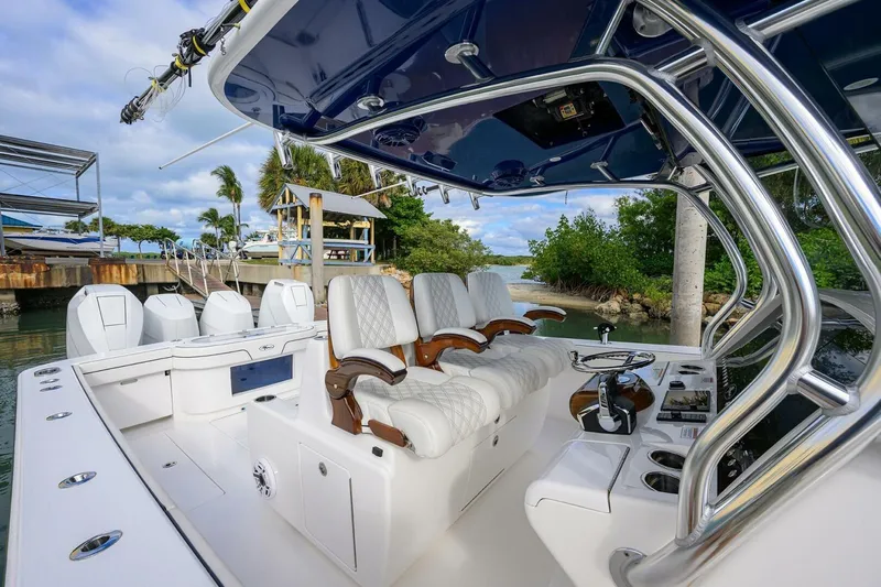 Fishability Yacht Photos Pics 2025 Valhalla Boatworks V-41 interior with luxurious seating and sleek design.