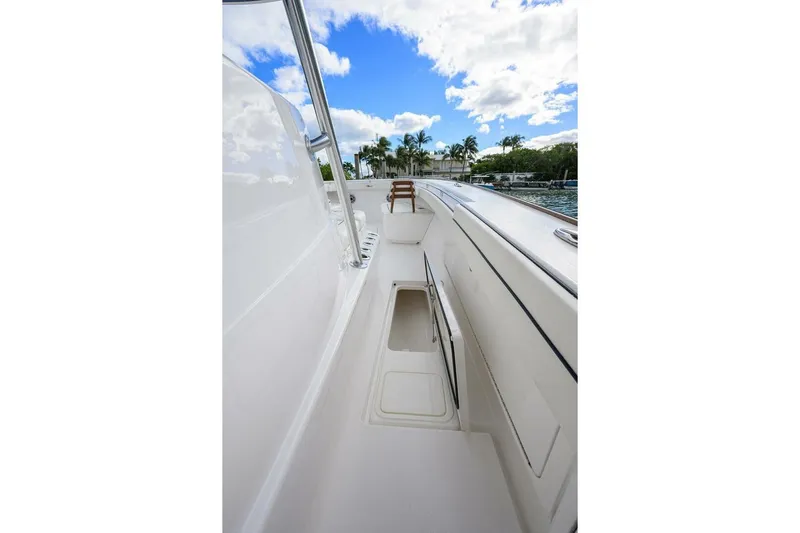 Fishability Yacht Photos Pics 2025 Valhalla Boatworks V-41 deck view with sleek design and clear blue sky.