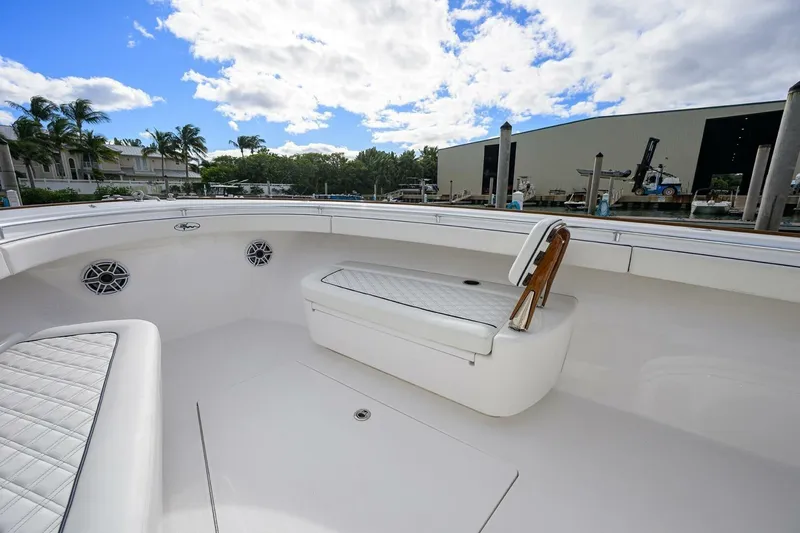 Fishability Yacht Photos Pics 2025 Valhalla Boatworks V-41 interior with cushioned seating and modern design.