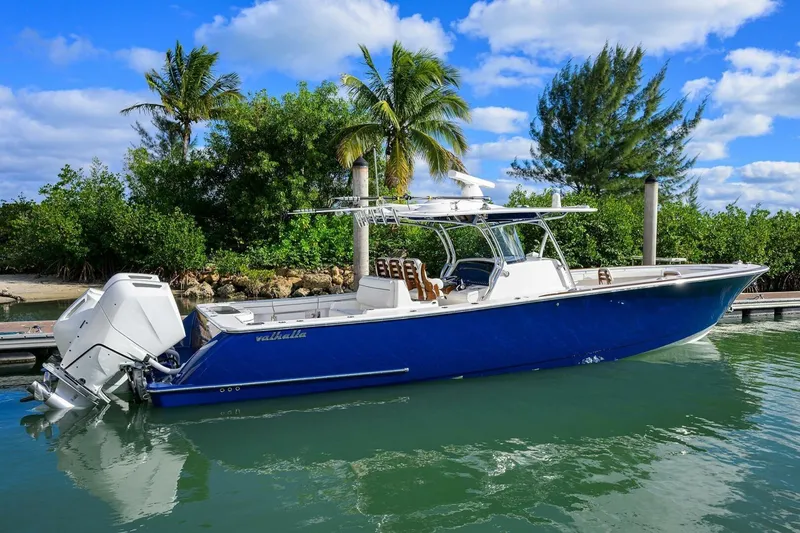 Fishability Yacht Photos Pics 2025 Valhalla Boatworks V-41 in blue, docked near tropical trees under a clear sky.