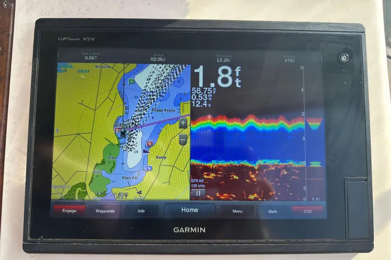  Yacht Photos Pics Garmin GPS display on 1999 Silverton 442 Cockpit Motor Yacht, showing navigation and sonar data.