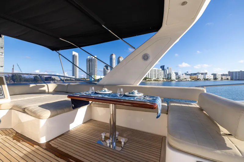 Blue Sea Yacht Photos Pics Luxurious 2012 Azimut 53 yacht deck with city skyline view.