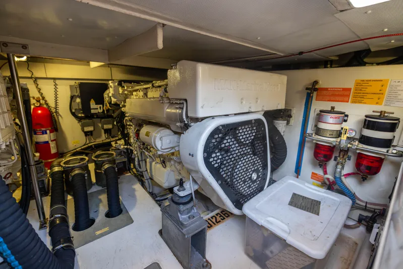 Blue Sea Yacht Photos Pics Engine room of a 2012 Azimut 53 yacht, featuring machinery and safety equipment.