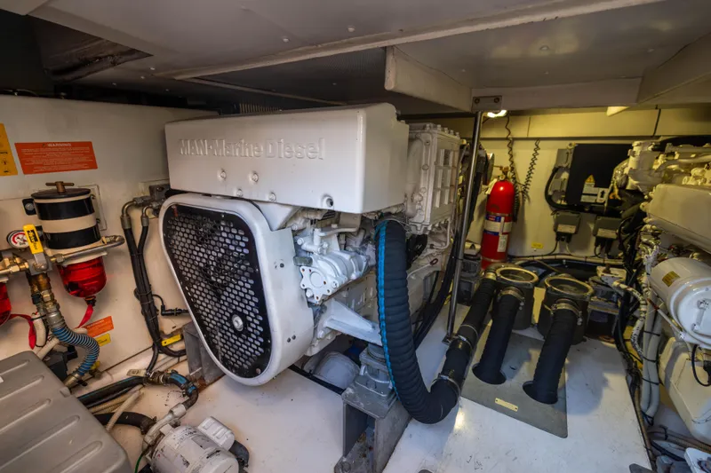 Blue Sea Yacht Photos Pics Engine room of 2012 Azimut 53 yacht with MAN marine diesel engine.