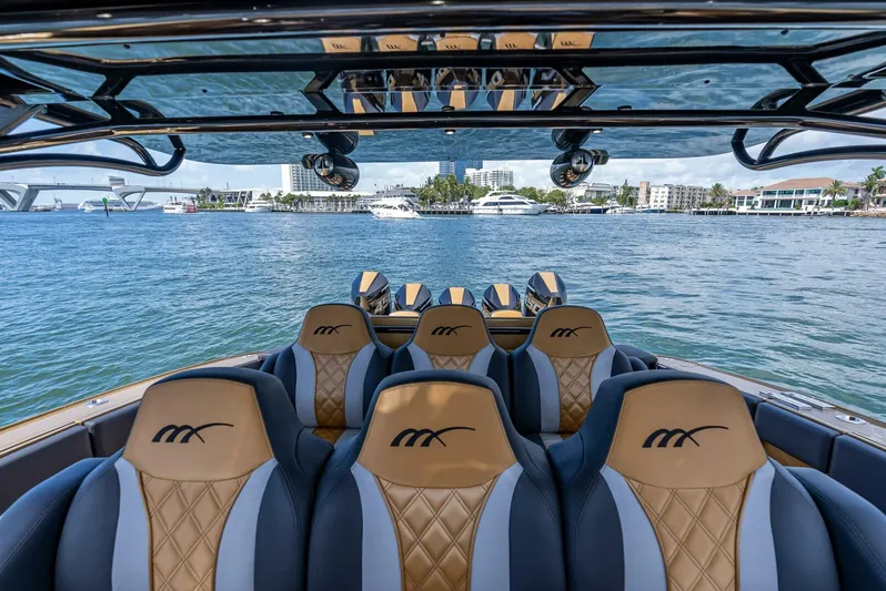 Perla Bianca II Yacht Photos Pics 2023 Midnight Express 43 Open boat interior with luxury seating on the water.