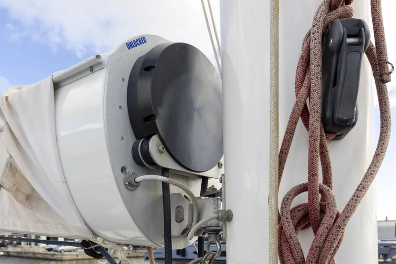  Yacht Photos Pics Close-up of sail mechanism on 1982 Benetti Sail Division 16m Motorsailer.