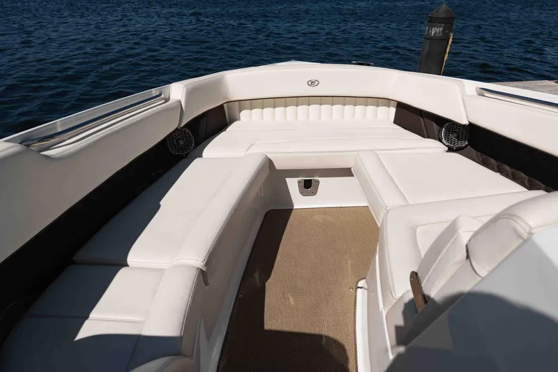  Yacht Photos Pics 2013 Cobalt 336 boat interior with white seating and water view.