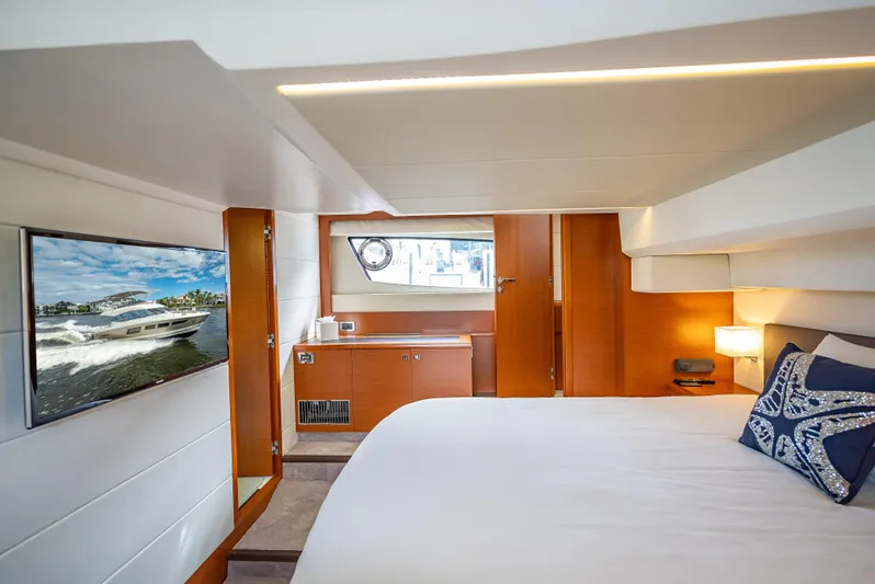 Miss Zoe Yacht Photos Pics Luxurious cabin interior of 2014 Prestige 500 Fly yacht with modern amenities.