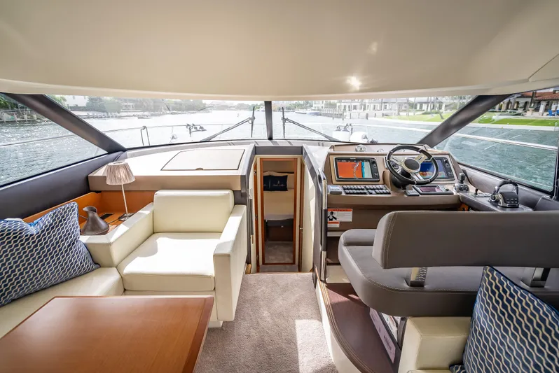 Miss Zoe Yacht Photos Pics Luxurious interior of 2014 Prestige 500 Fly yacht with modern helm and seating area.