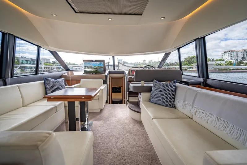 Miss Zoe Yacht Photos Pics Luxurious interior of 2014 Prestige 500 Fly yacht with elegant seating and panoramic windows.