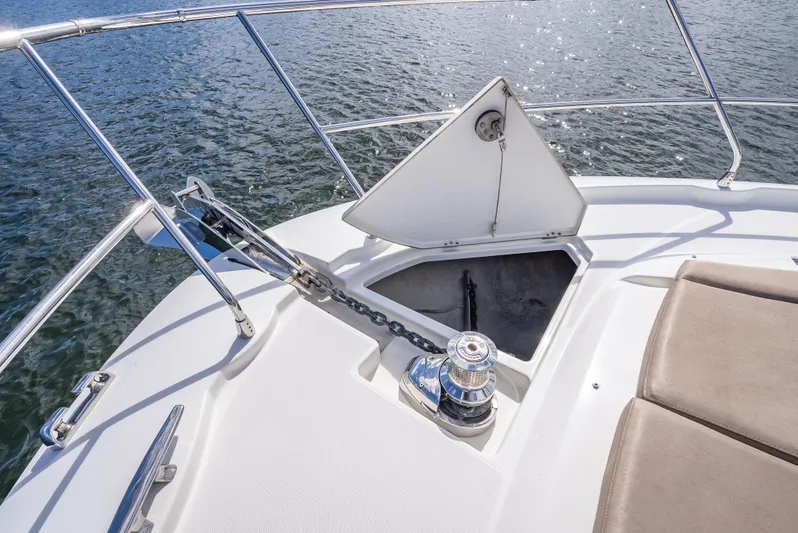 Miss Zoe Yacht Photos Pics Prestige 500 Fly 2014 yacht anchor system on deck, open hatch, sunny day.