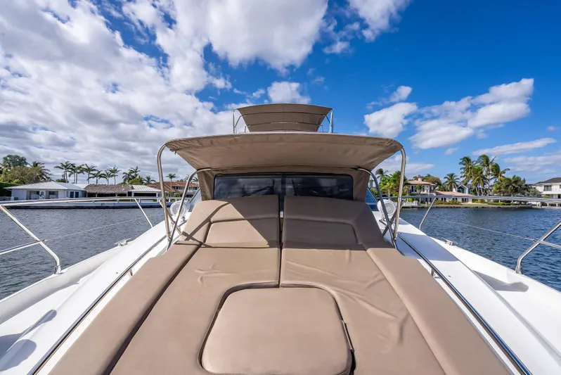 Miss Zoe Yacht Photos Pics 2014 Prestige 500 Fly yacht with sunbathing area, blue sky, and waterfront view.