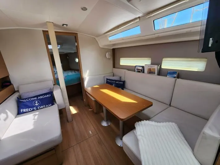 Fred's Dream Yacht Photos Pics Interior of 2020 Jeanneau Sun Odyssey 410 yacht, featuring cozy seating and modern design.