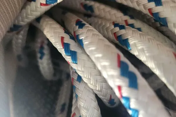 Fred's Dream Yacht Photos Pics Close-up of braided ropes on a 2020 Jeanneau Sun Odyssey 410 sailboat.