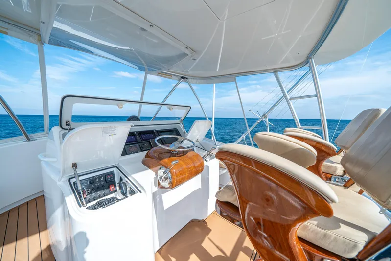 Ring Game Yacht Photos Pics 2008 Viking 42 Convertible yacht helm with ocean view, featuring luxurious seating and navigation controls.