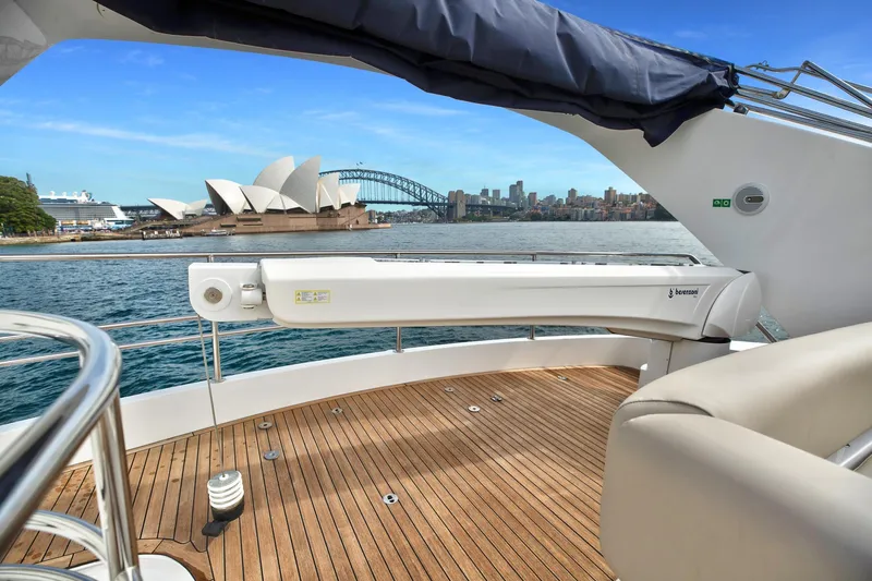 Azzurro Yacht Photos Pics Sunseeker Manhattan 70 yacht deck with Sydney Opera House and Harbour Bridge view.