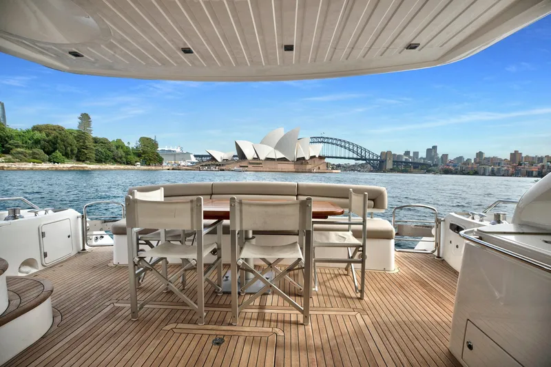 Azzurro Yacht Photos Pics Sunseeker Manhattan 70 yacht with Sydney Opera House and Harbour Bridge view, 2009 model.