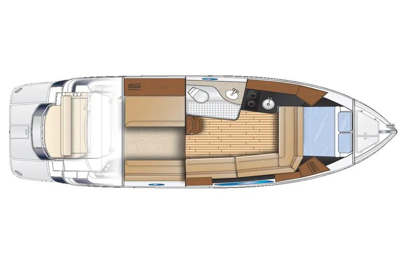 Wining Down Yacht Photos Pics 2016 Regal 35 Sport Coupe boat interior layout with seating, kitchen, and sleeping areas.