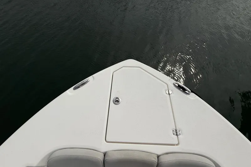  Yacht Photos Pics Bow of 2021 Sea Fox 288 Commander boat on calm water.