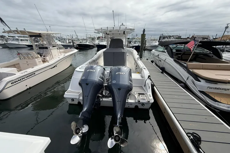  Yacht Photos Pics 2021 Sea Fox 288 Commander boat docked with twin 250 horsepower engines.