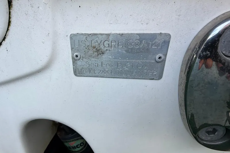  Yacht Photos Pics 2021 Sea Fox 288 Commander identification plate on boat hull.