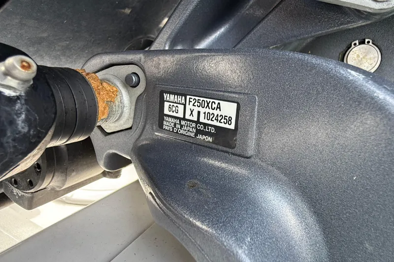  Yacht Photos Pics Close-up of Yamaha F250XCA engine label on 2021 Sea Fox 288 Commander boat.
