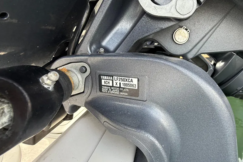  Yacht Photos Pics Close-up of Yamaha LF250XCA engine part on 2021 Sea Fox 288 Commander boat.