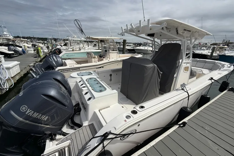  Yacht Photos Pics 2021 Sea Fox 288 Commander boat docked with Yamaha engines, marina background.