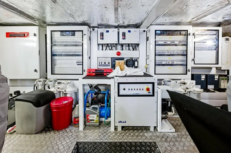 Pura Vida Yacht Photos Pics Engine room of 2022 Sunseeker Motoryacht with control panels and equipment.