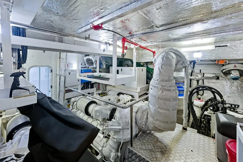Pura Vida Yacht Photos Pics Engine room of 2022 Sunseeker Motoryacht with advanced machinery and insulation.
