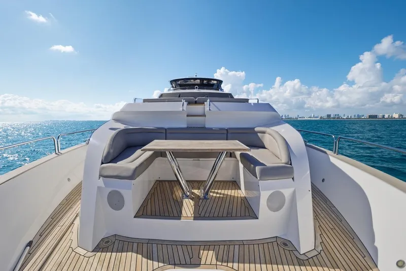 Pura Vida Yacht Photos Pics Luxurious 2022 Sunseeker Motoryacht deck with seating, ocean view, and clear blue sky.