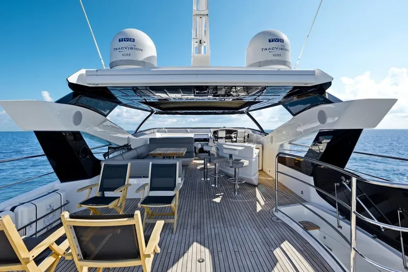 Pura Vida Yacht Photos Pics Luxurious 2022 Sunseeker Motoryacht deck with seating and ocean view.