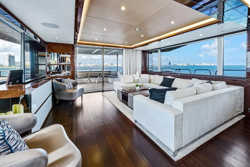 Pura Vida Yacht Photos Pics Luxurious 2022 Sunseeker Motoryacht interior with elegant seating and ocean views.