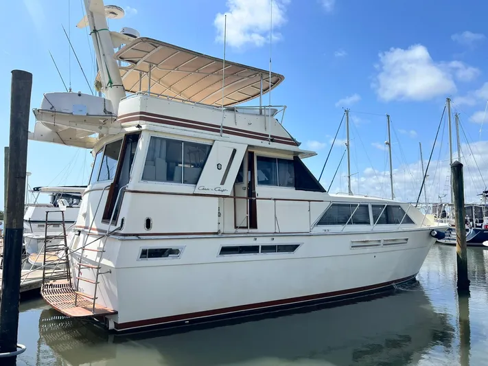 Arvo Arrow Yacht Photos Pics 1985 Chris-Craft 460 Constellation yacht docked in a marina under a clear blue sky.