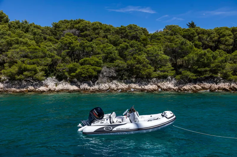 Mr.si Yacht Photos Pics Inflatable boat near forested coastline, clear blue water.