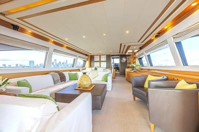 Noral Yacht Photos Pics Luxurious interior of 2011 Ferretti Yachts 830 with elegant seating and panoramic windows.