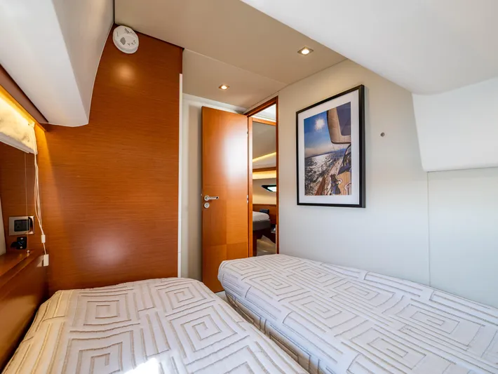 Whiskey And Waves Yacht Photos Pics Luxurious cabin interior of 2017 Prestige 500 yacht with twin beds and modern decor.