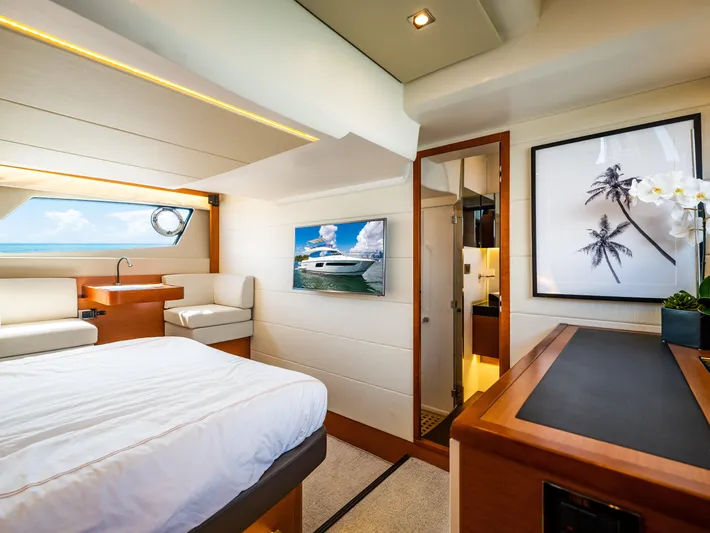 Whiskey And Waves Yacht Photos Pics Luxurious interior of 2017 Prestige 500 yacht with elegant bedroom and modern decor.