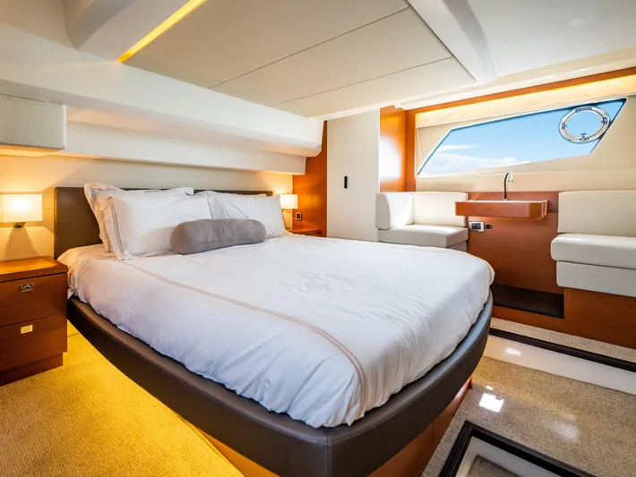 Whiskey And Waves Yacht Photos Pics Luxurious bedroom interior of 2017 Prestige 500 yacht with modern design and ocean view.
