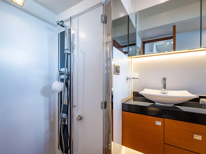 Whiskey And Waves Yacht Photos Pics Luxurious bathroom in 2017 Prestige 500 yacht with modern fixtures and elegant design.