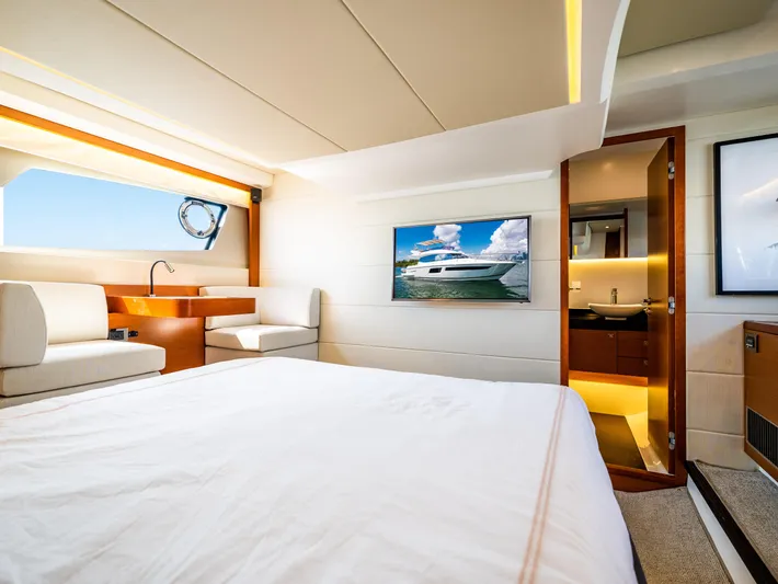 Whiskey And Waves Yacht Photos Pics Luxurious interior of a 2017 Prestige 500 yacht with modern amenities and elegant design.