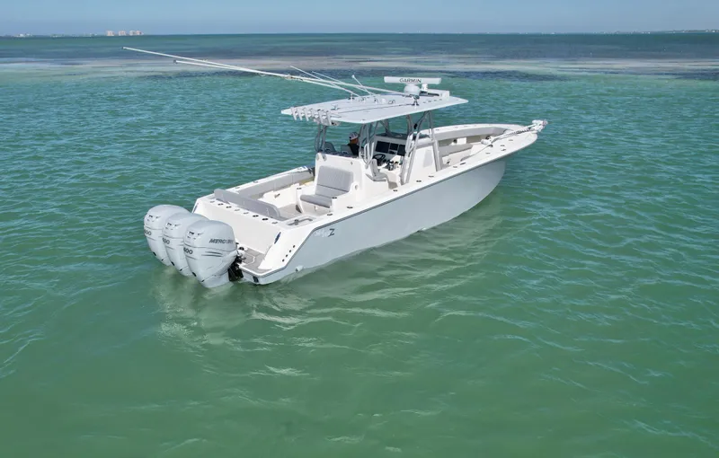  Yacht Photos Pics 2020 SeaVee 370z boat with dual engines on calm ocean water.